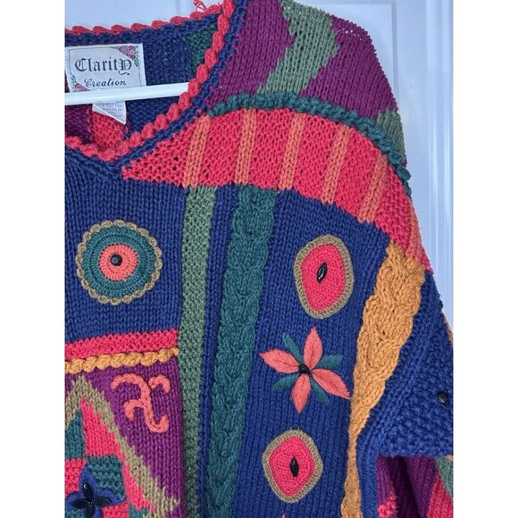 Vintage Chunky Sweater Knit Pompom Mix Print Grandma Core Boho Festive MED READ - Picture 6 of 12